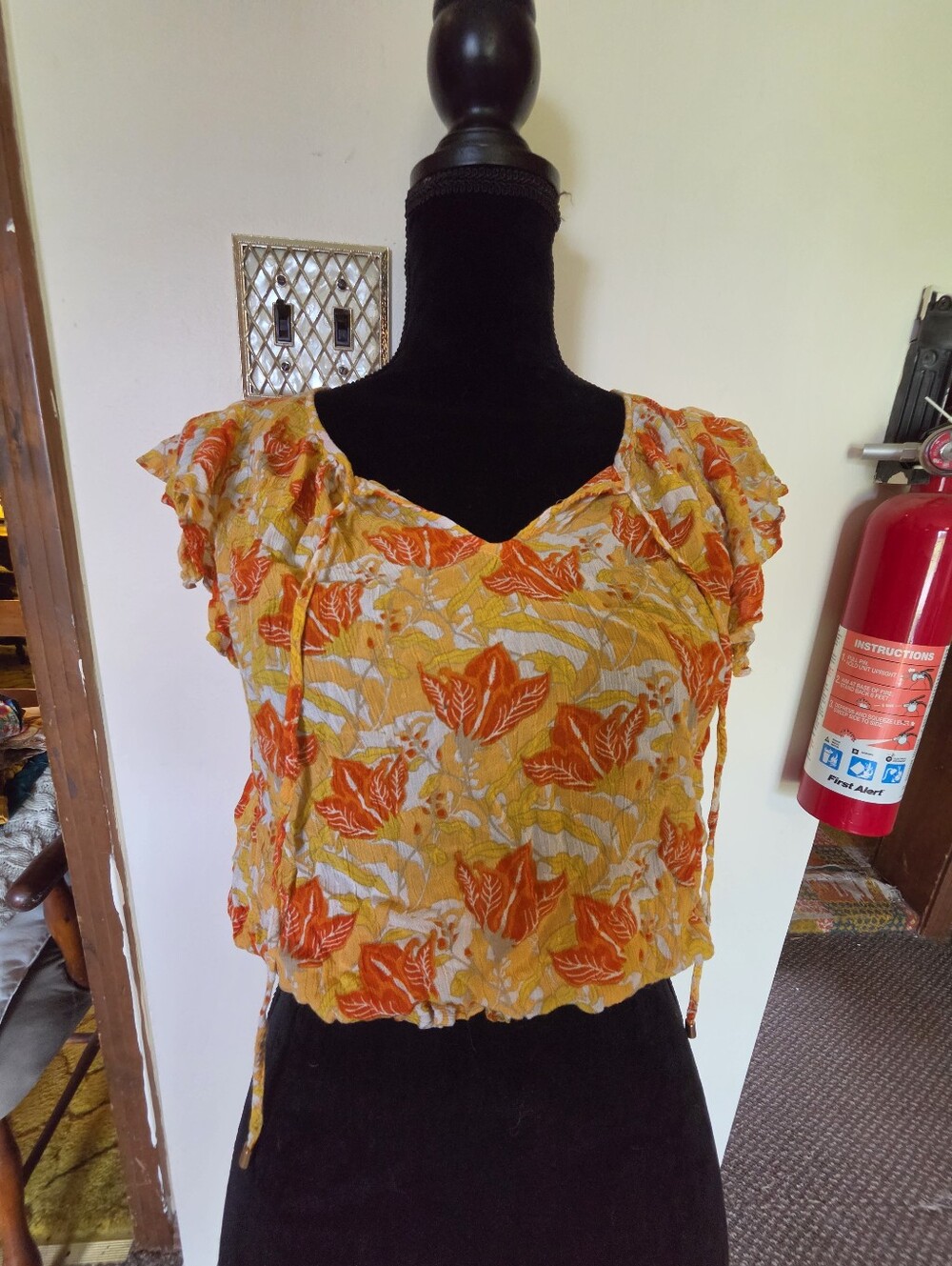 Rose + Olive Boho Orange Floral Smocked Waist Top Flutter Sleeve Festival